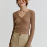 Ribbed Cropped T-Shirt With Buttons
