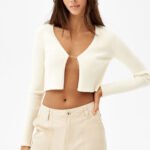 Ribbed V-Neck Cardigan With Rhinestone Detail